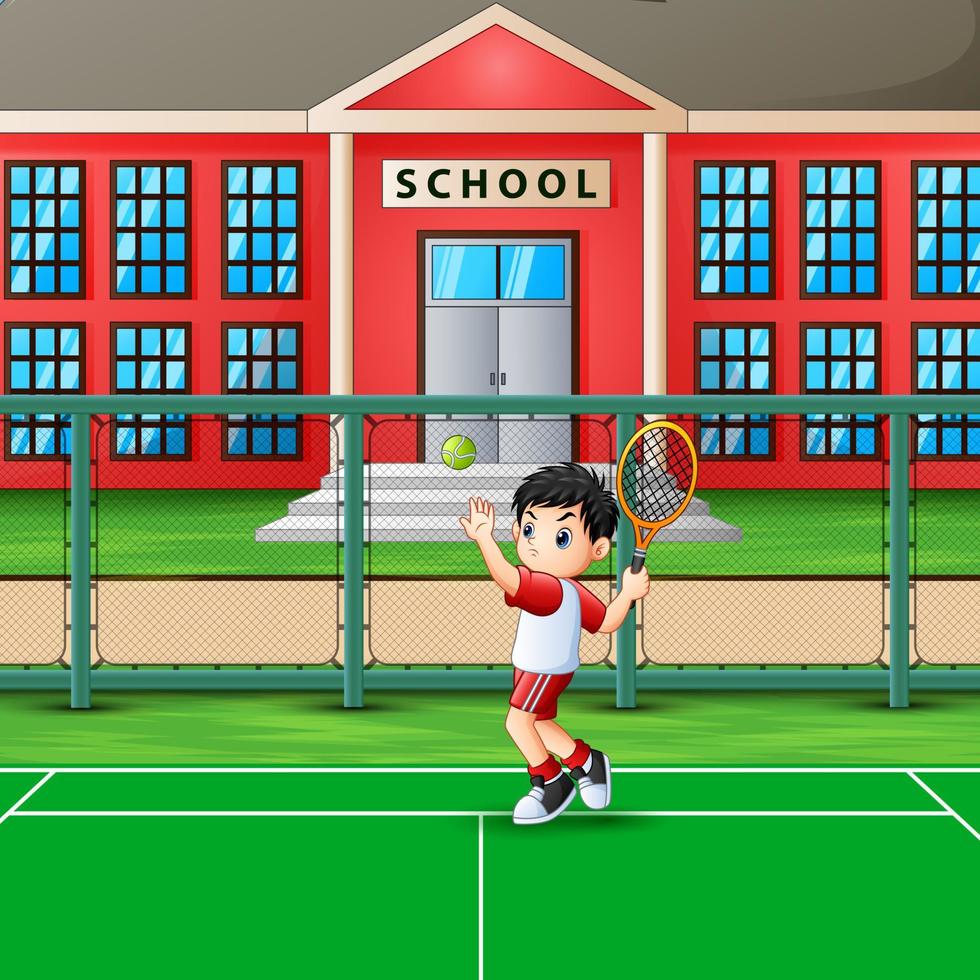 ragazzo felice che gioca a tennis al tribunale della scuola vettore