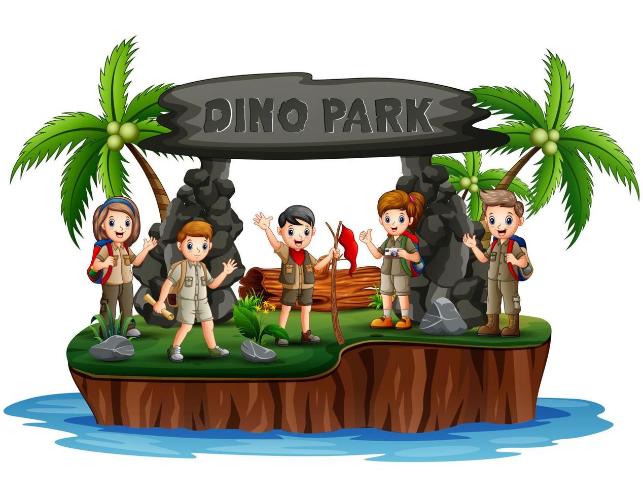 i ragazzi e le ragazze esploratori nell'isola di Dino vettore
