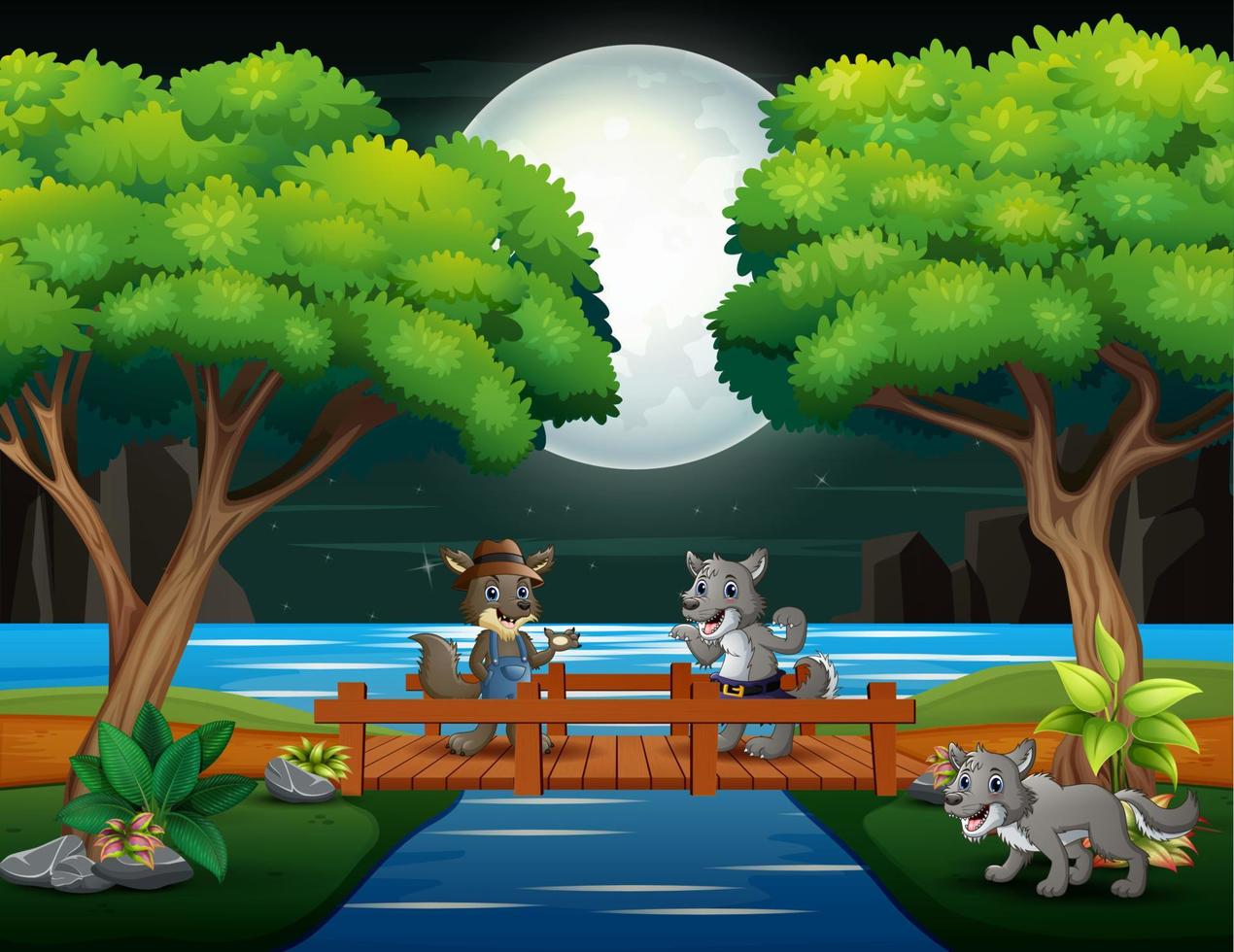 cartoni animati di lupo felice che giocano nella scena notturna vettore