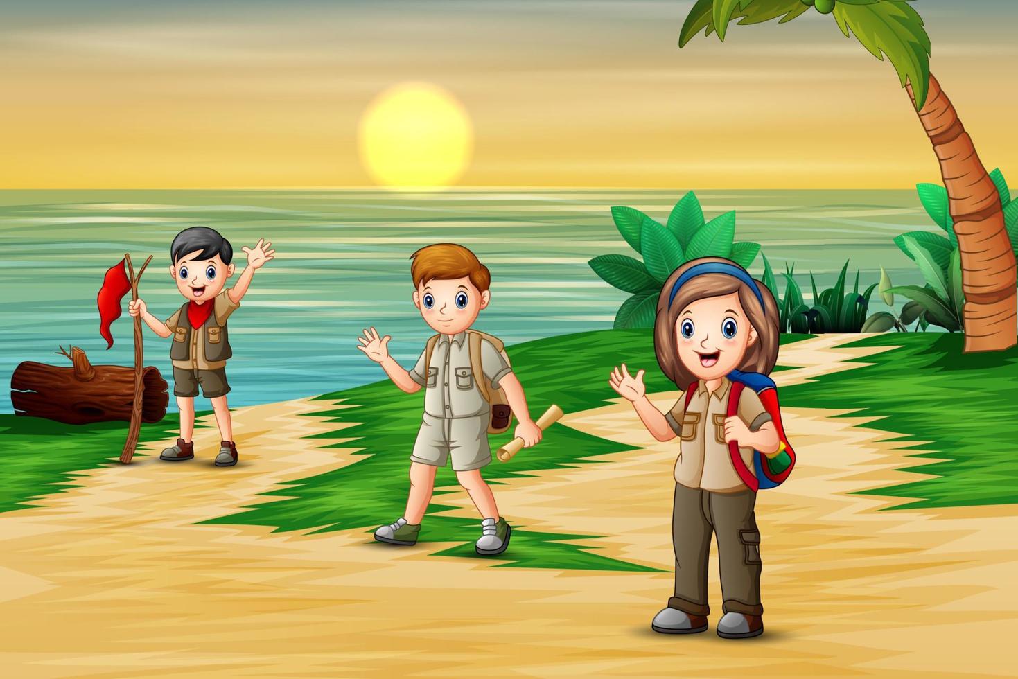 gruppo di scout sullo sfondo della spiaggia vettore