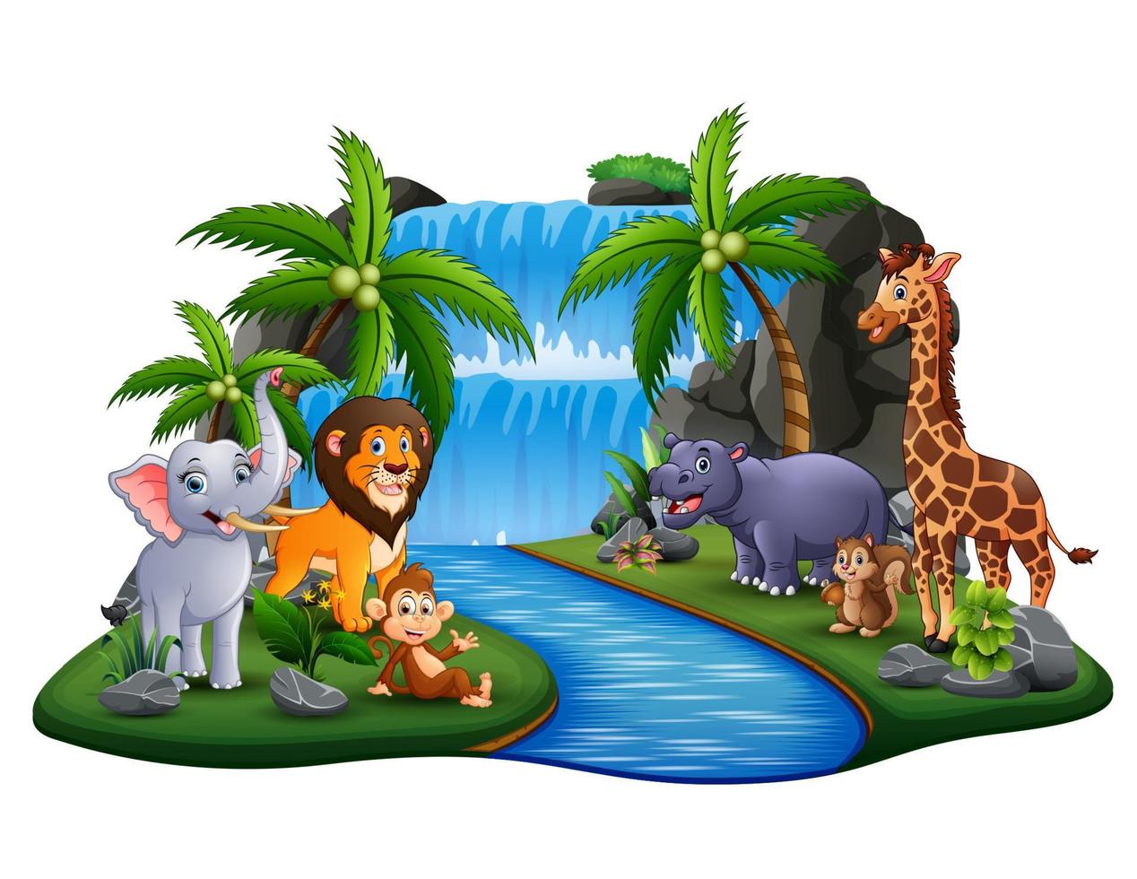cartone animato di animali selvatici sulla scena dell'isola vettore