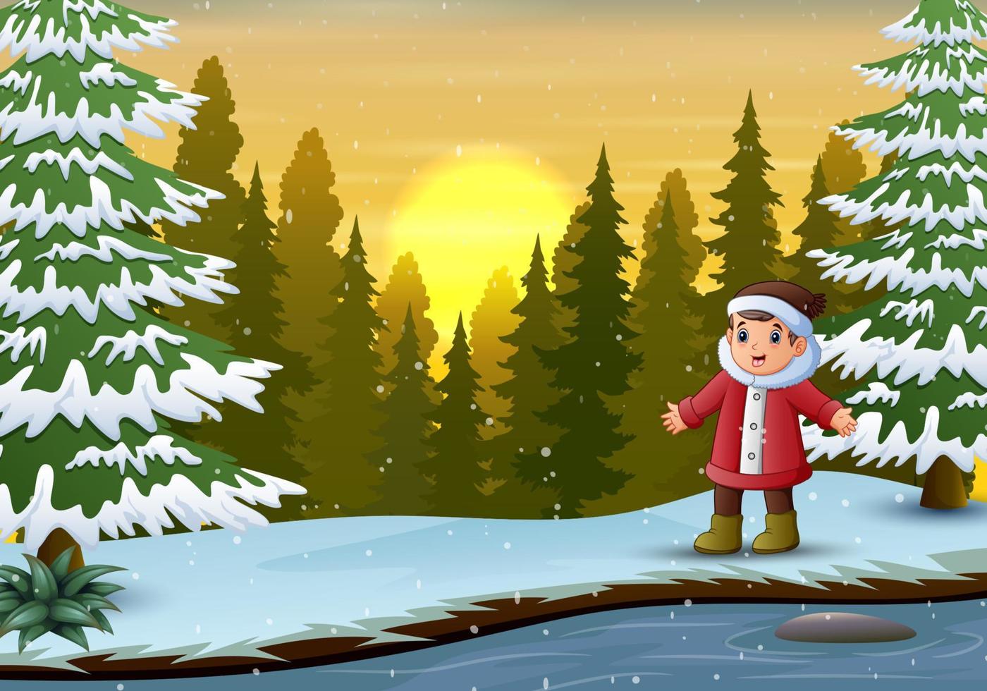un cartone animato ragazzo sulla foresta d'inverno vettore