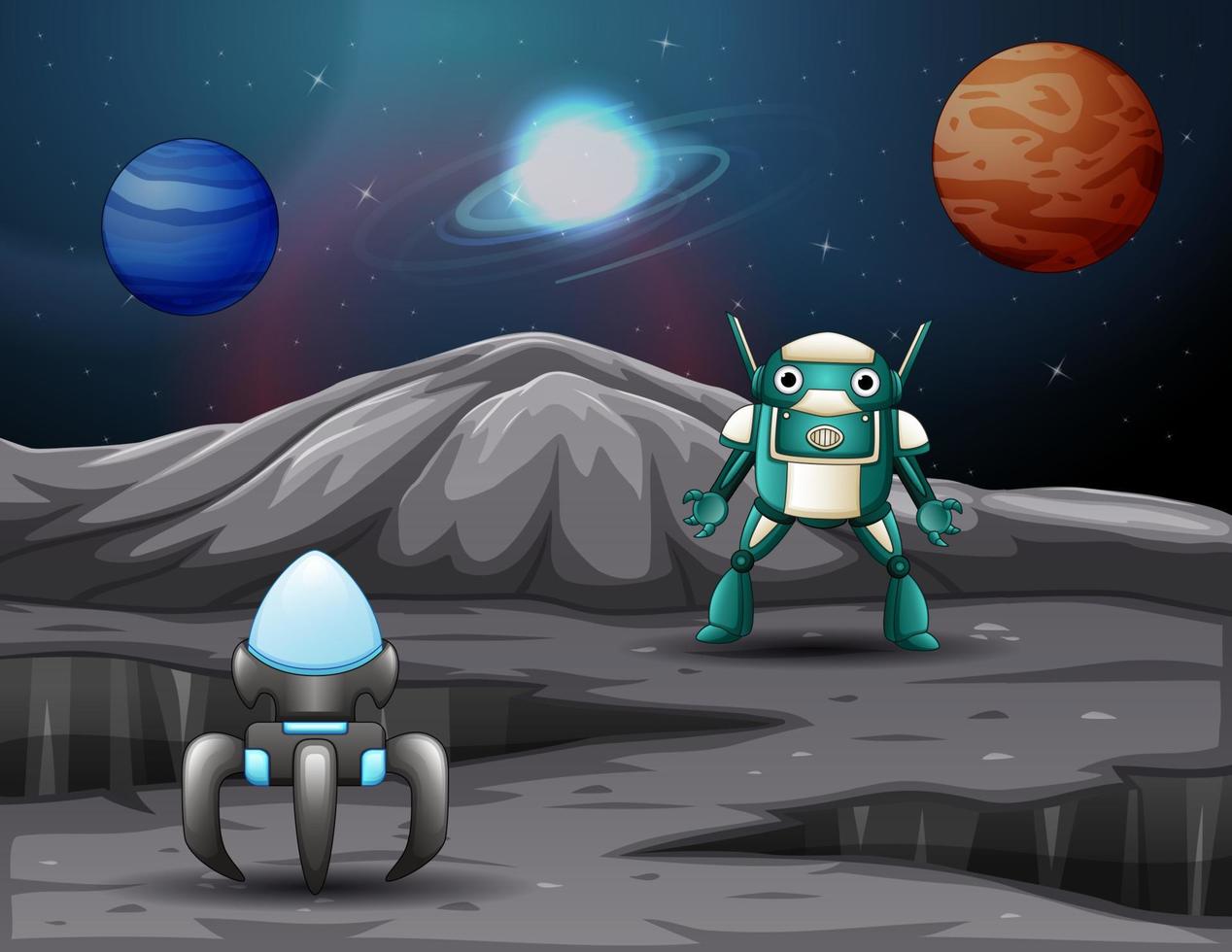 un'astronave e un robot sullo spazio con sfondo di pianeti vettore