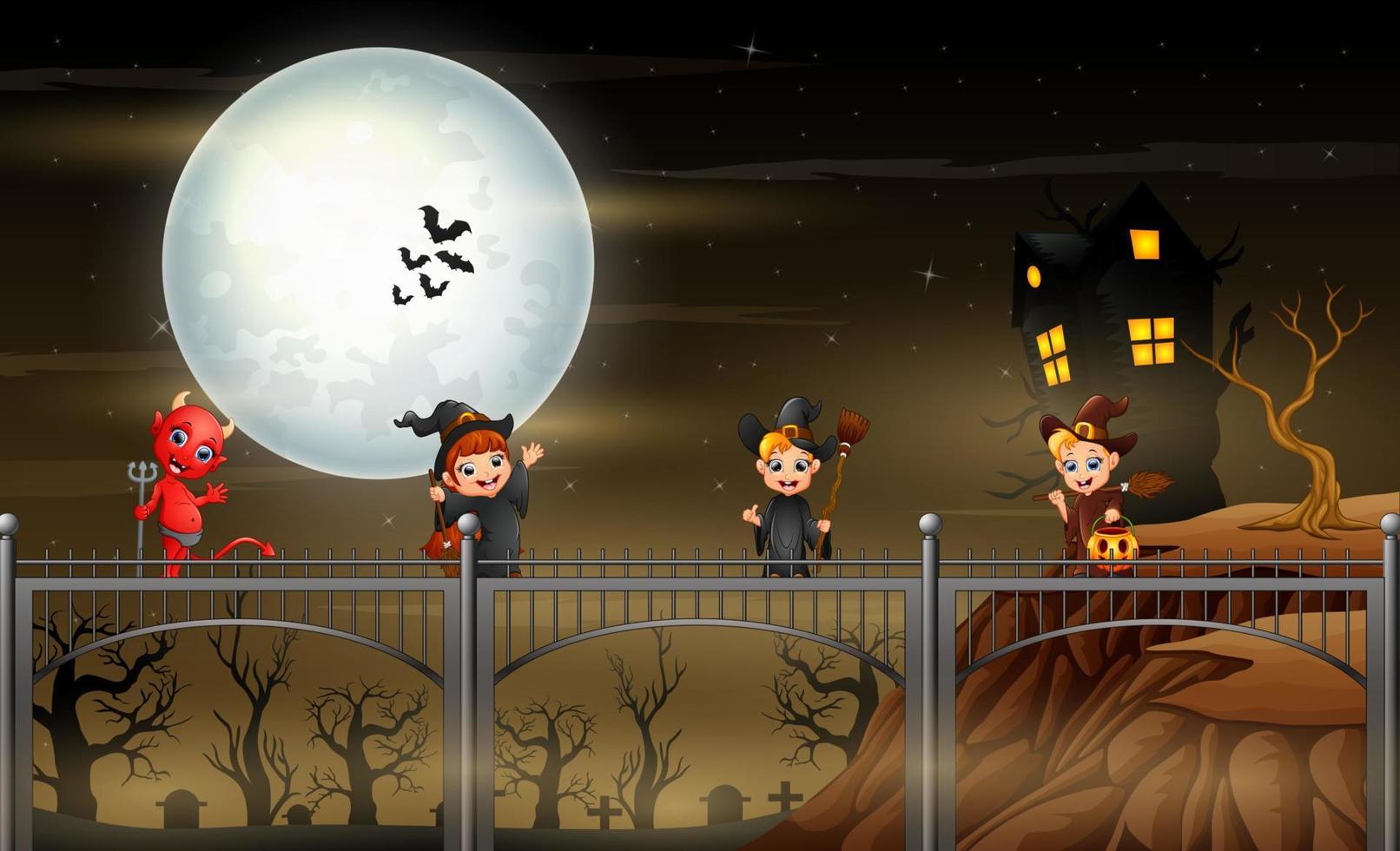 piccole streghe e diavolo rosso nella notte di Halloween vettore