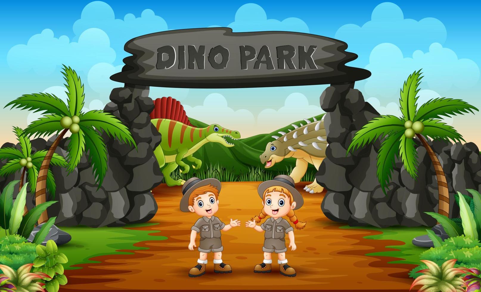 ragazzo e ragazza del guardiano dello zoo all'ingresso del parco dei dinosauri vettore