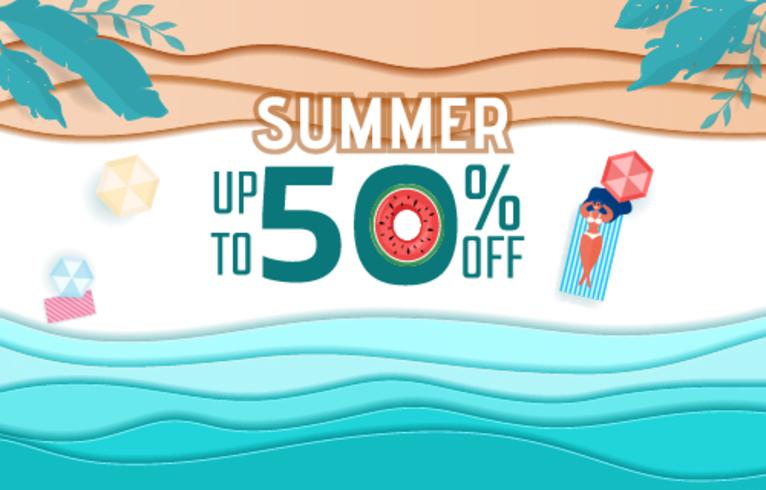 Onde di carta di mare blu vista dall&#39;alto e design pubblicitario di vendita spiaggia. Ragazza calda rilassante e prendere il sole nella stagione estiva vettore
