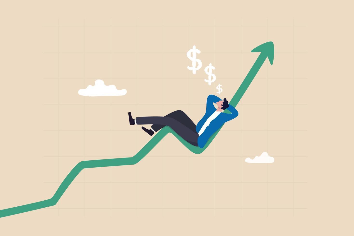 l'investimento di successo guadagna più profitto o un fondo comune di ritorno in crescita facile, guadagna soldi dal trading di criptovaluta o sogna di essere un concetto ricco, l'investitore uomo d'affari si rilassa e dorme su un grafico in crescita. vettore