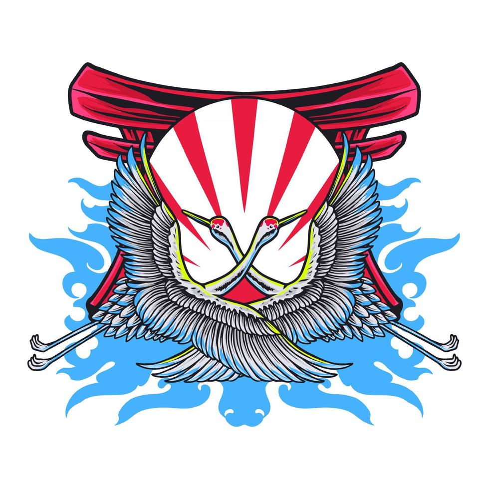 disegno della maglietta dell'illustrazione di vettore premium dell'uccello della gru giapponese