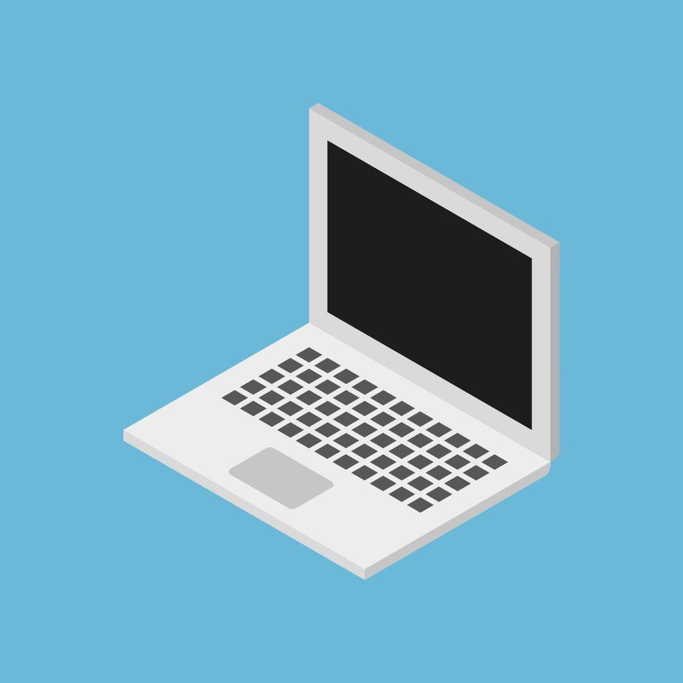 una semplice illustrazione isometrica vettoriale di un laptop bianco con schermo nero su sfondo blu