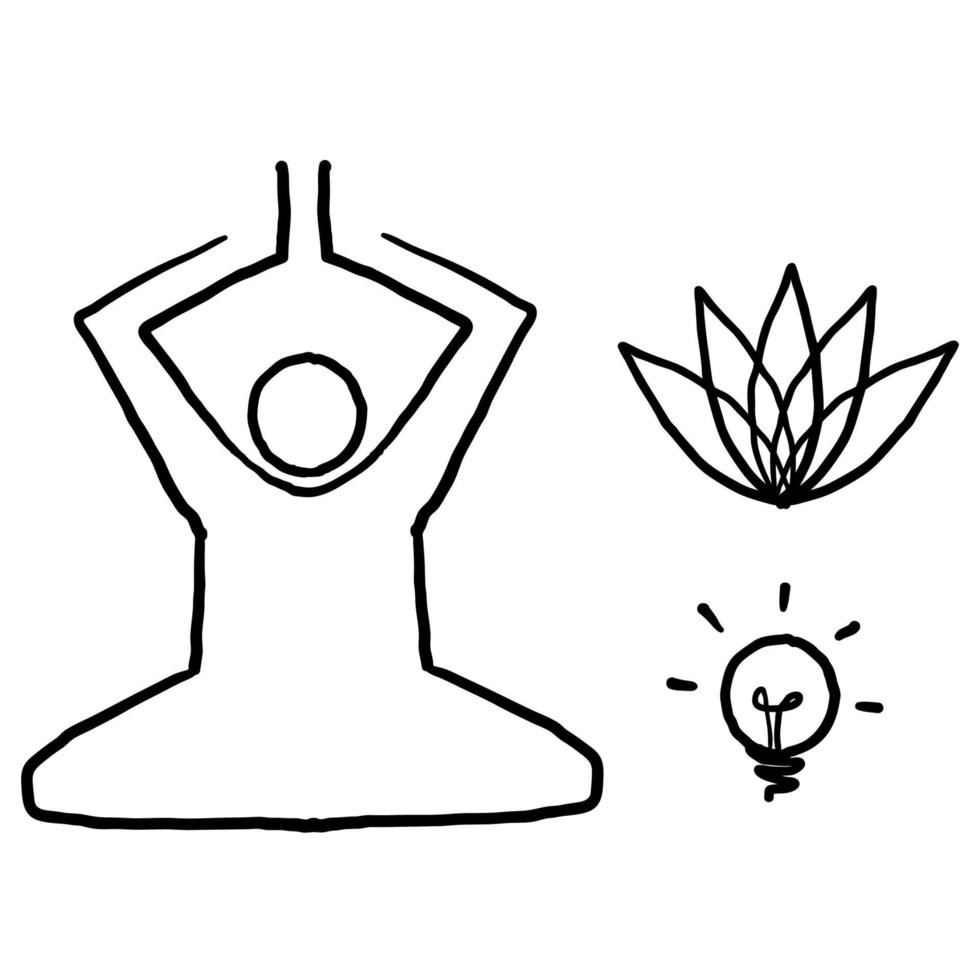 pratica di meditazione disegnata a mano e set di icone della linea vettoriale yoga. rilassamento, pace interiore, conoscenza di sé, concentrazione interiore, pratica spirituale. scarabocchio