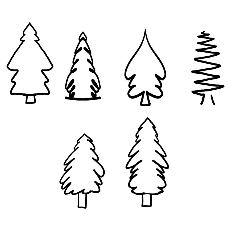 set di alberi di natale disegnati a mano. collezione di alberi di natale in bianco e nero. cartone animato scarabocchio vettore