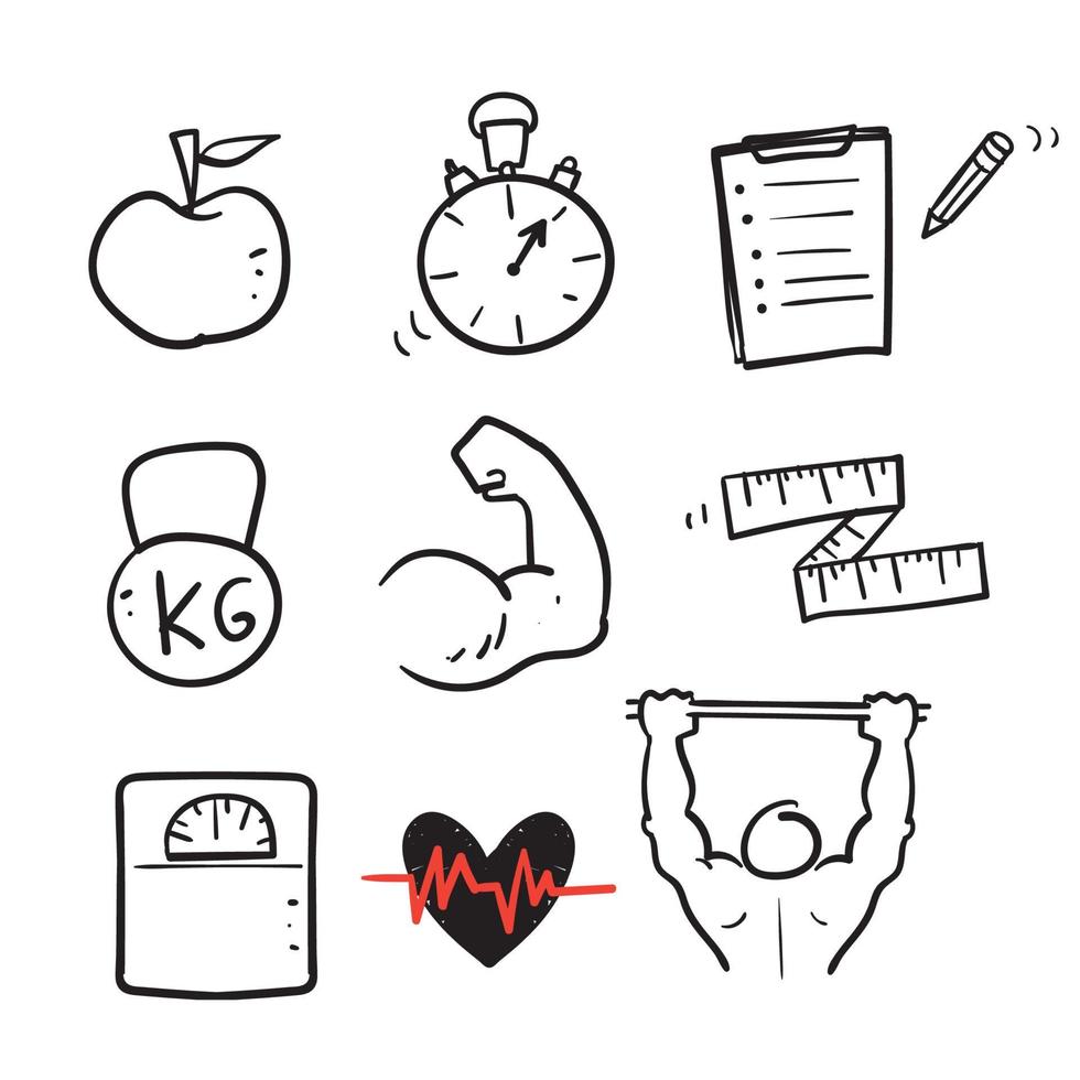 doodle disegnato a mano fitness e salute icona illustrazione vettore isolato