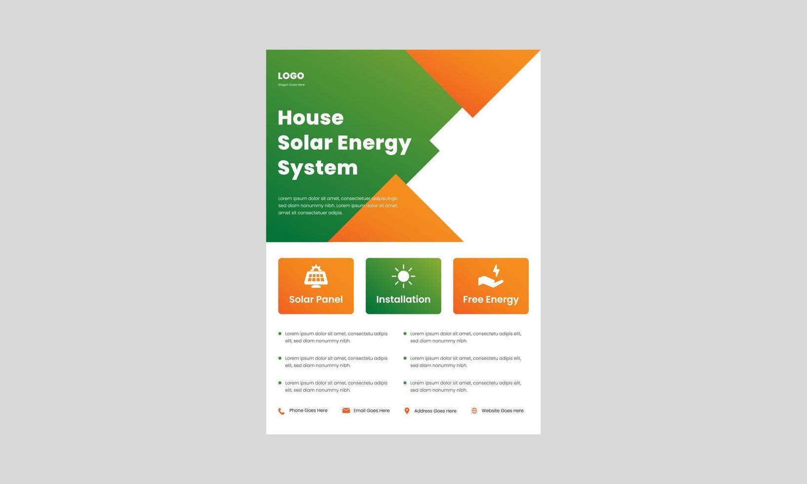 l'energia solare diventa verde salva il modello di progettazione del volantino di energia. sistemi solari per la tua casa e poster aziendale, design di volantini. vettore