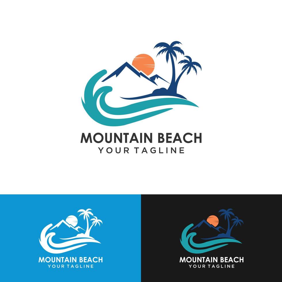 modello di progettazione del logo dello scenario della spiaggia di montagna, lago delle colline, logo di viaggio dell'isola. vettore