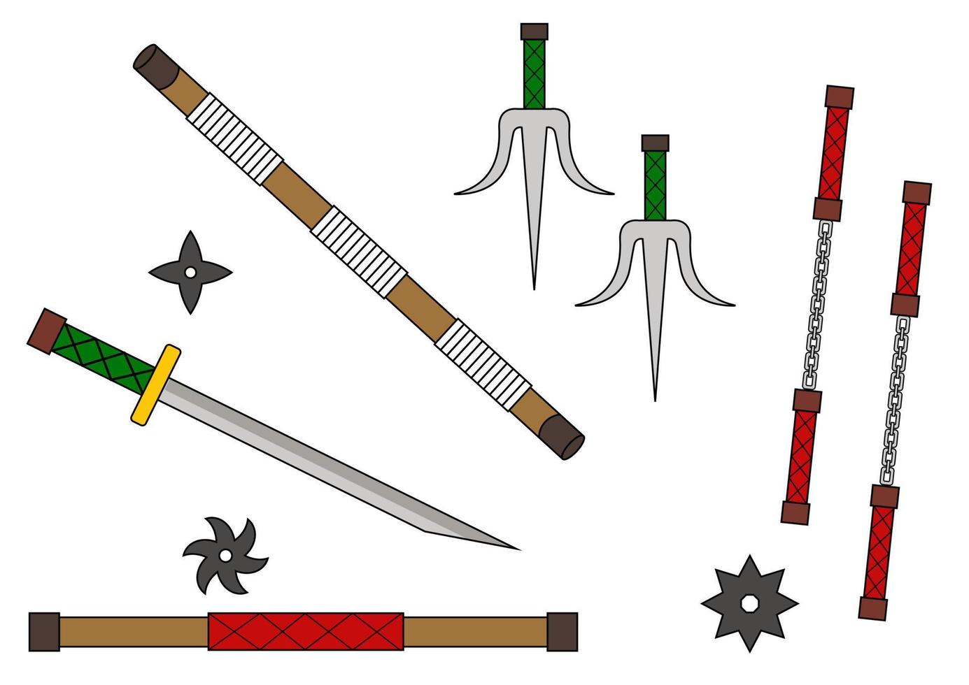 icone di armi ninja impostate stella shuriken, nunchaku, spada katana. illustrazione vettoriale di armi ninja dei cartoni animati