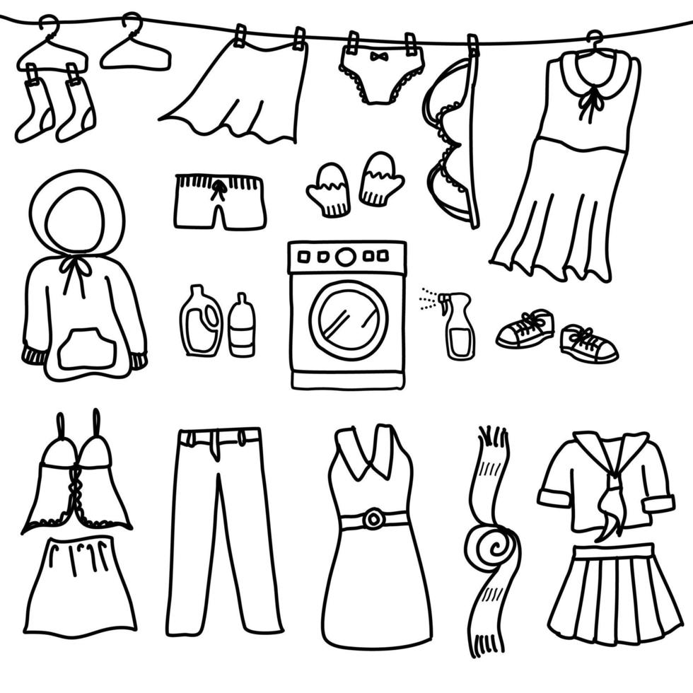 un insieme di stile di disegno di doodle sul bucato isolato su priorità bassa bianca. c'è una lavatrice al centro e vari vestiti in giro in colori pastello. vettore