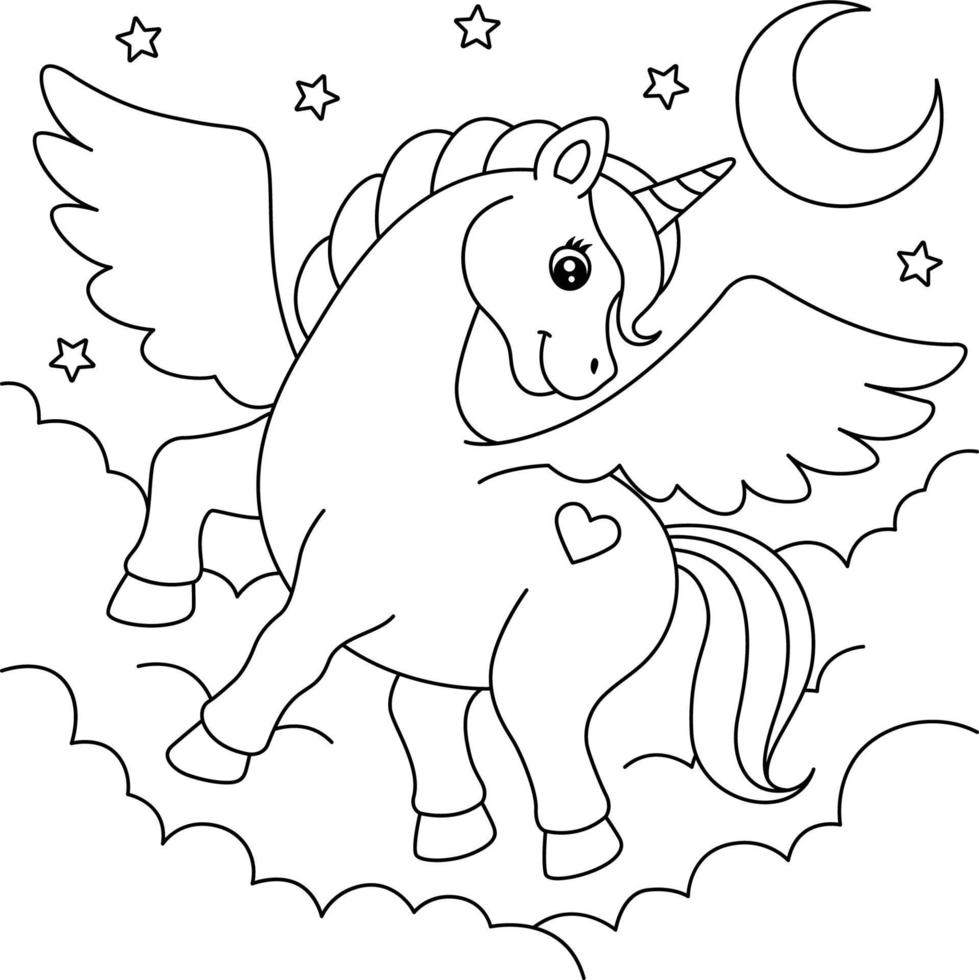 pagina da colorare di unicorno volante per bambini vettore