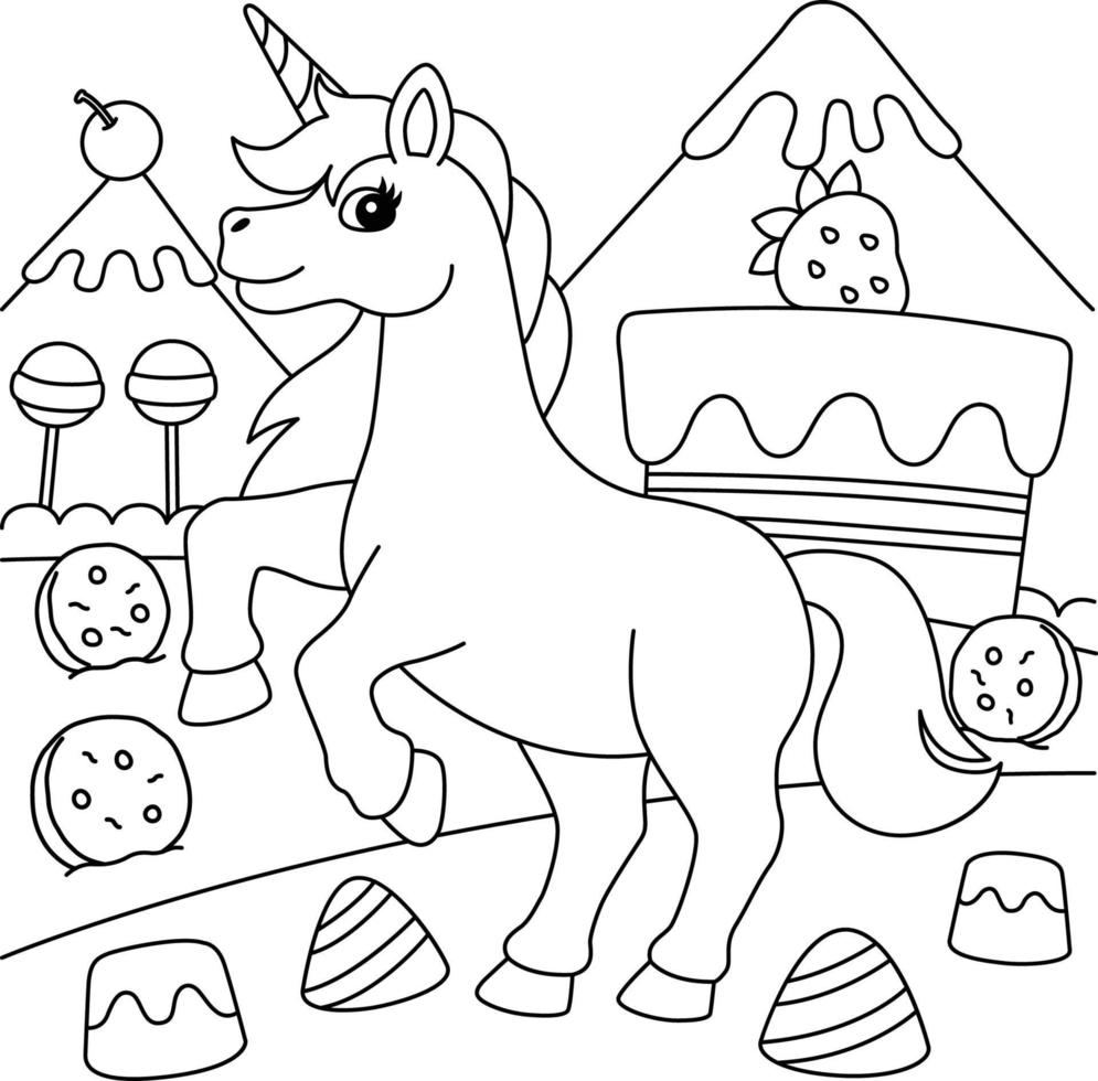 Pagina da colorare di unicorno nella terra delle caramelle per bambini vettore