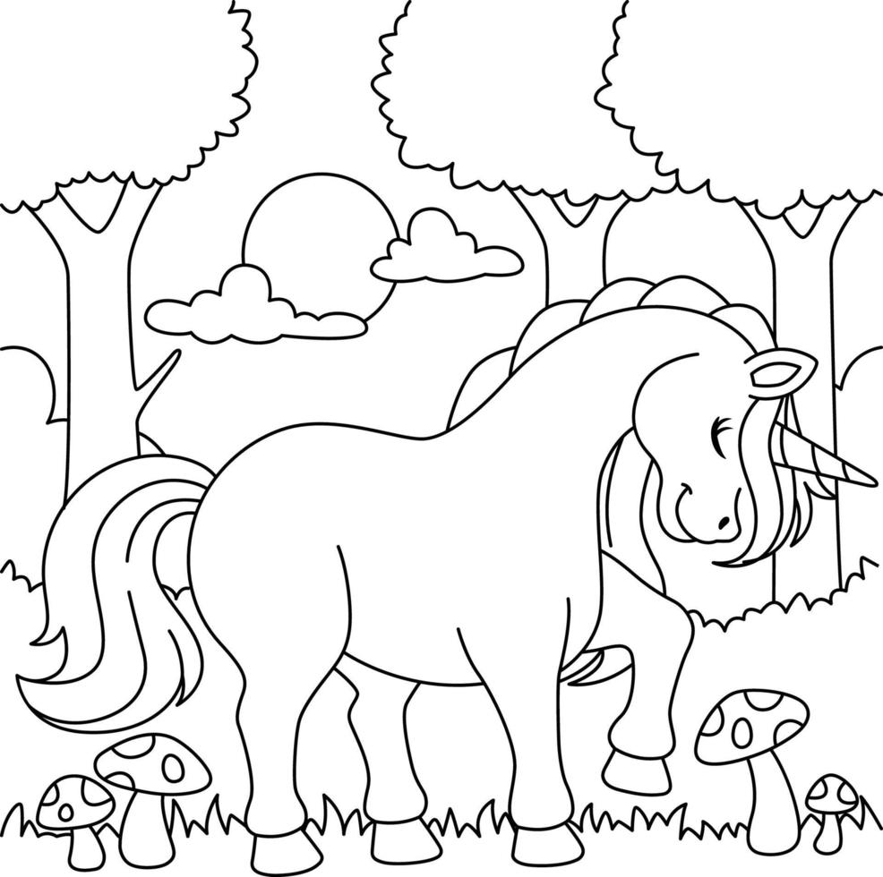 Unicorno in una foresta da colorare per bambini vettore