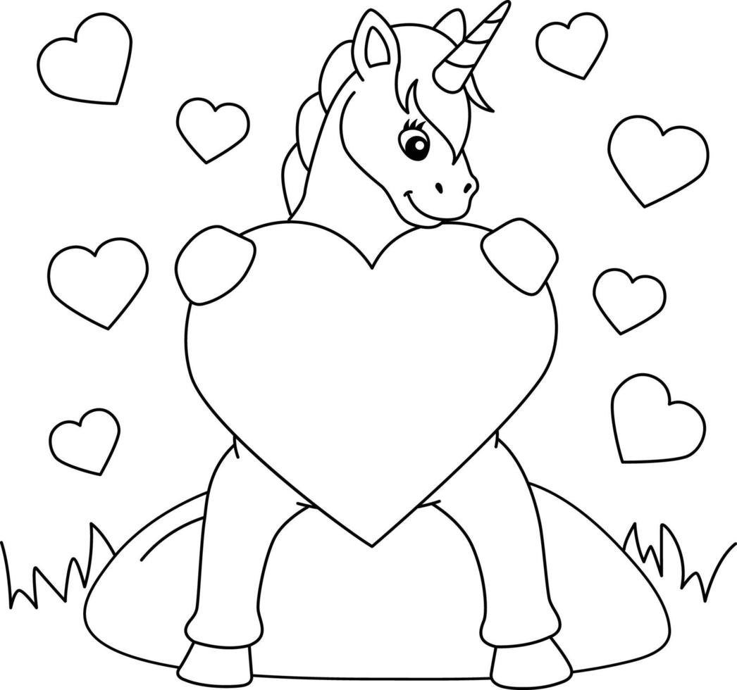 unicorno che abbraccia un cuore da colorare per bambini vettore