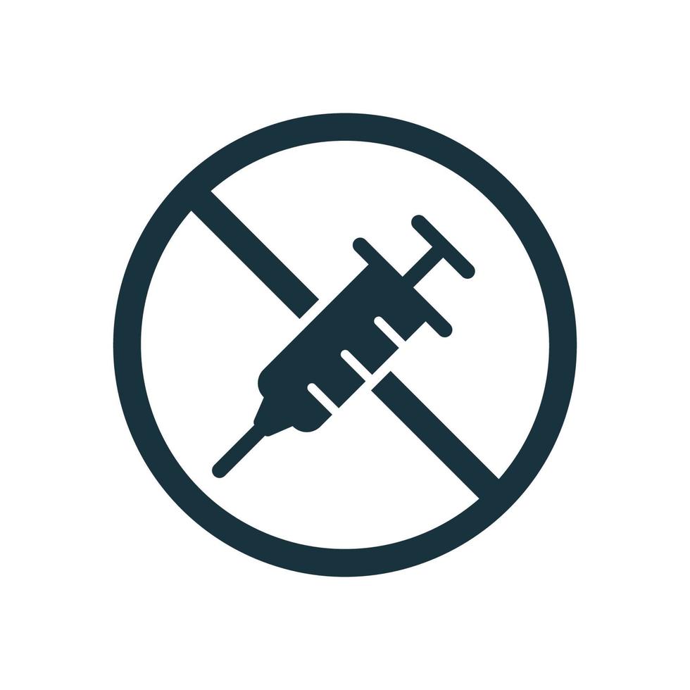 fermare il vaccino contro il coronavirus tramite l'icona della siringa. stop e nessun segno di vaccino. icona della siluetta di protesta anti-vaccinazione. respingere il coronavirus preventivo e vaccinale covid-19. illustrazione vettoriale. vettore