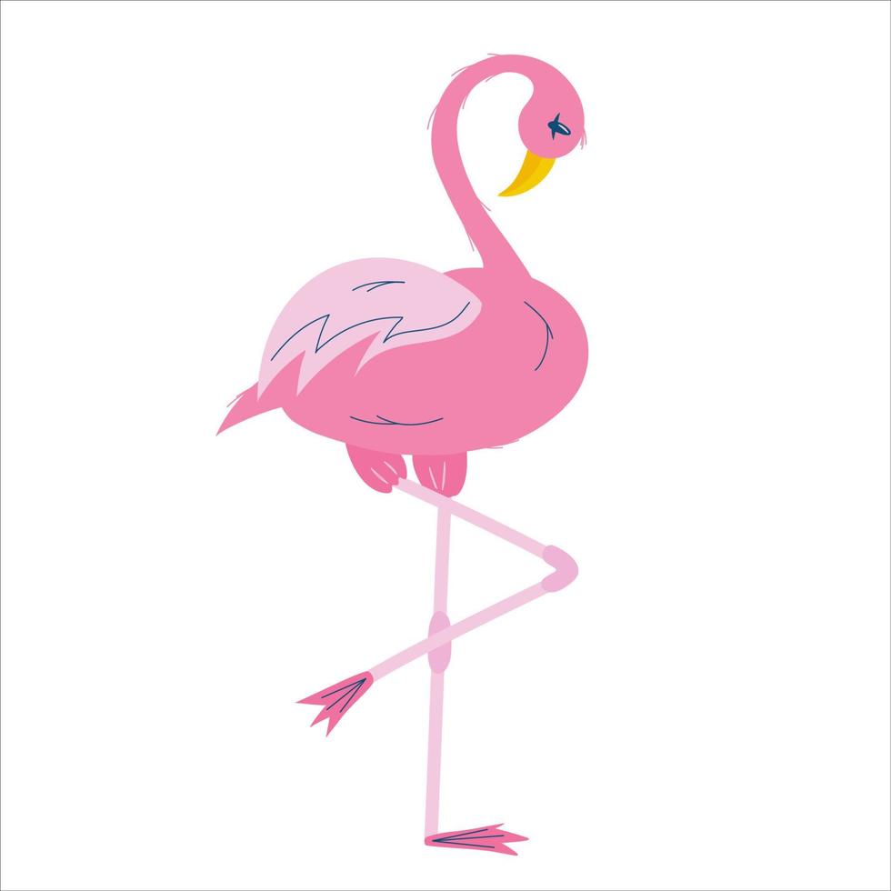 fenicottero rosa isolato su sfondo bianco.un uccello tropicale con piume e un becco si erge su una gamba lunga. illustrazione vettoriale piatta.