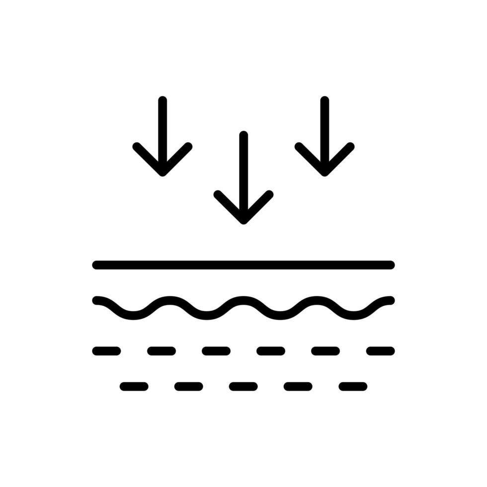 icona della linea di assorbimento della pelle. penetrazione dei raggi uv sulla pelle pittogramma lineare. freccia giù per l'icona del contorno del livello della pelle. concetto di nutrizione della pelle. illustrazione vettoriale isolata.