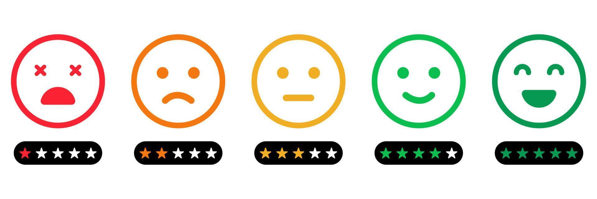 scala di feedback emoji con icona della linea di stelle. l'umore dei clienti dal buon viso felice al concetto arrabbiato e triste. feedback di emoticon. indagine di livello di soddisfazione del cliente. illustrazione vettoriale isolata.