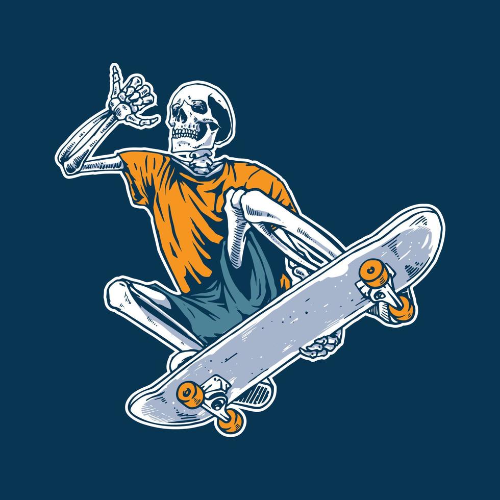 disegno a mano di skateboard con teschio vettore