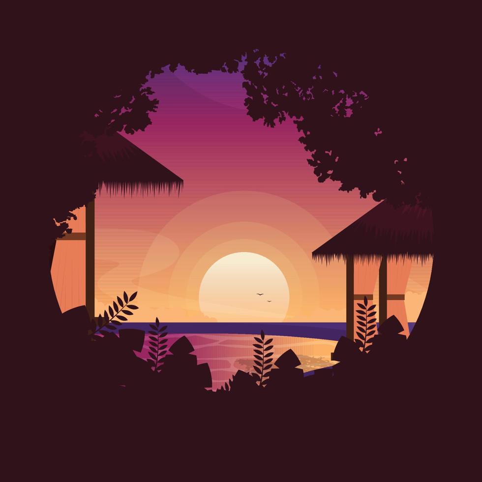 capanna tramonto sole resort bali vacanza paesaggio cerchio vista illustrazione vettore