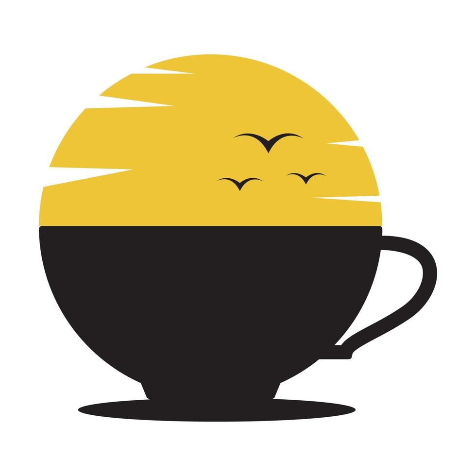 tazza di tè o caffè con il disegno grafico dell'illustrazione dell'icona del vettore del simbolo del logo del tramonto