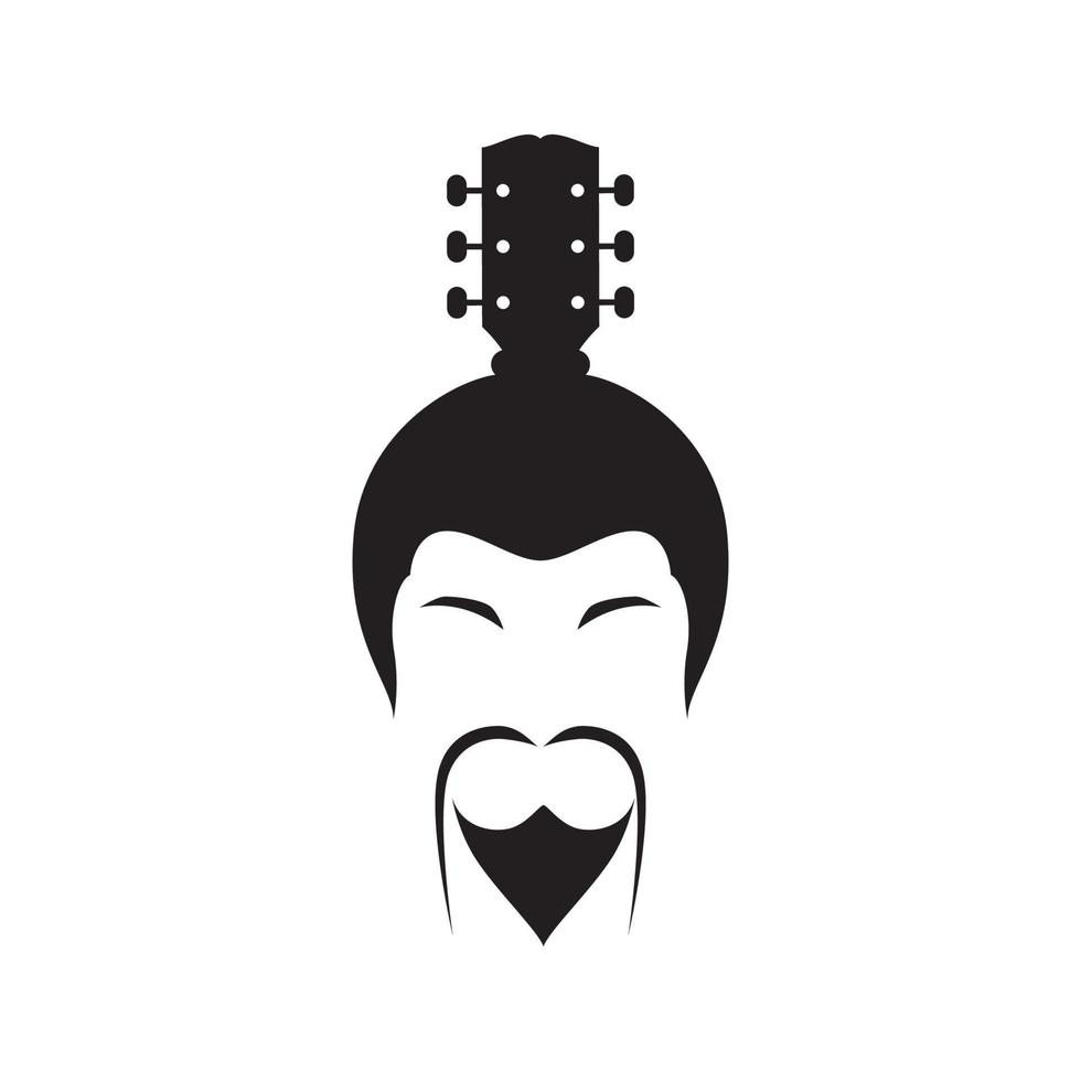 faccia uomo cultura giappone con logo chitarra design, simbolo grafico vettoriale icona illustrazione idea creativa