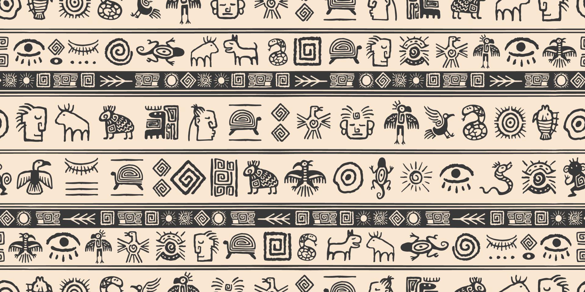 set di modelli di simboli senza cuciture in stile tribale azteco disegnato a mano. vettore