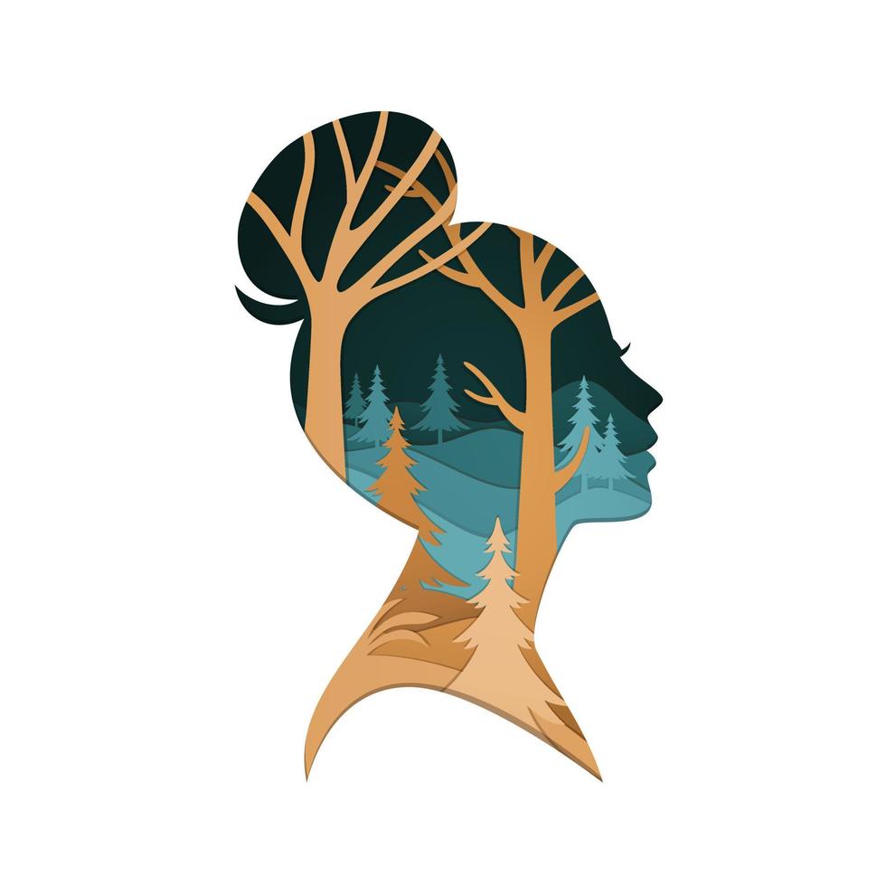 illustrazione 3d con volto di donna papercut e foresta vettore