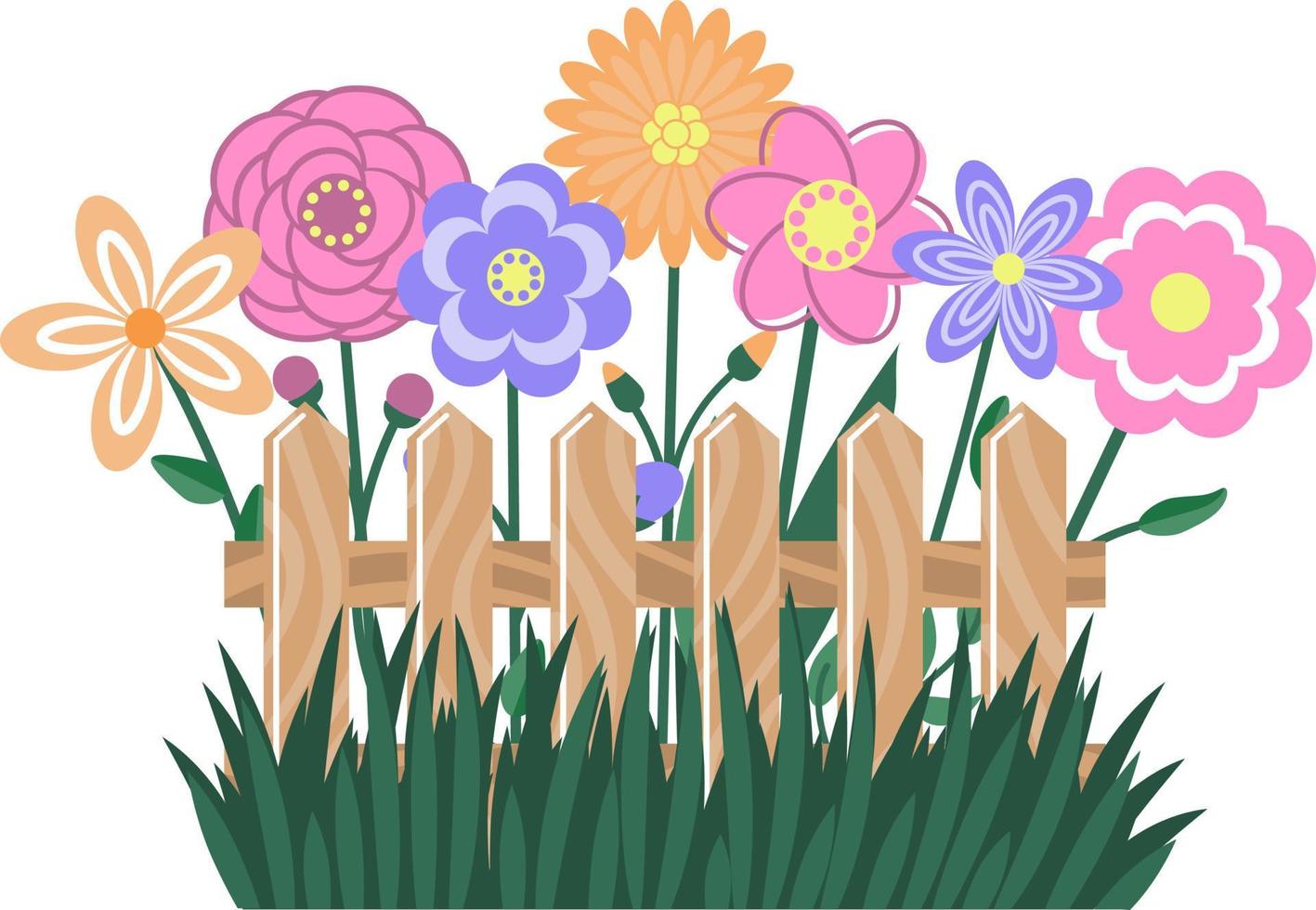 fiori carini primaverili, recinzione ed erba. stile cartone animato. isolato su bianco. illustrazione vettoriale
