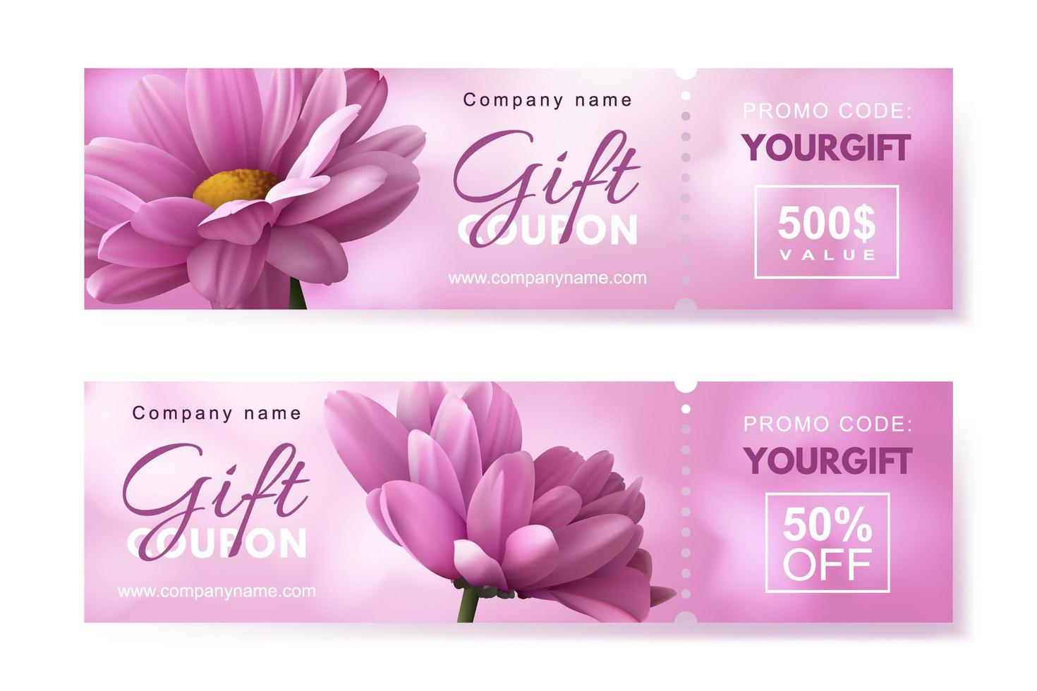 set di buoni regalo con due fiori di crisantemo rosa realistici. modello per un buono regalo festivo, invito e certificato. illustrazione vettoriale