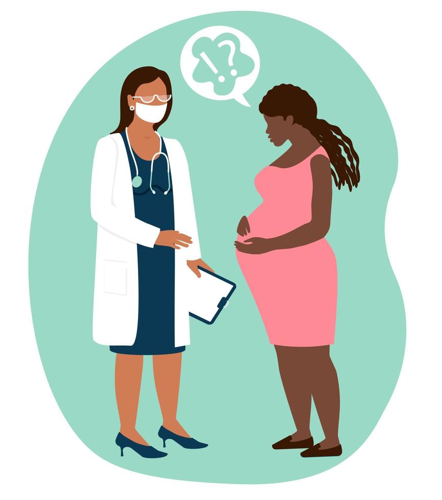 una ragazza afroamericana incinta è venuta dal medico ginecologo con domande, dubbi, paure, preoccupazioni sulla salute del bambino e sul parto imminente. assistenza durante il controllo di gravidanza vettore