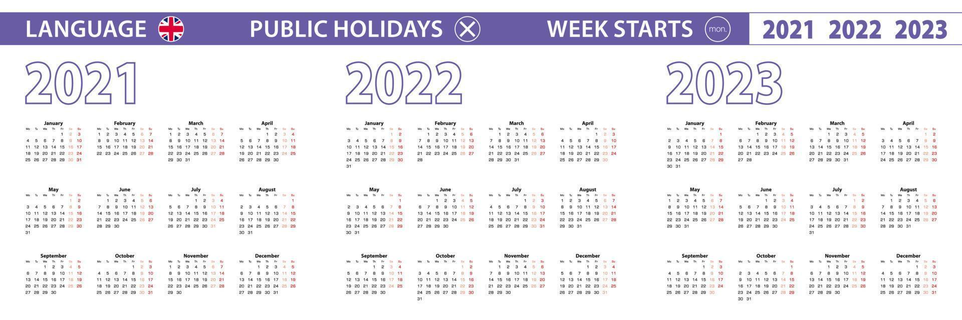 semplice modello di calendario in inglese per gli anni 2021, 2022, 2023. la settimana inizia da lunedì. vettore