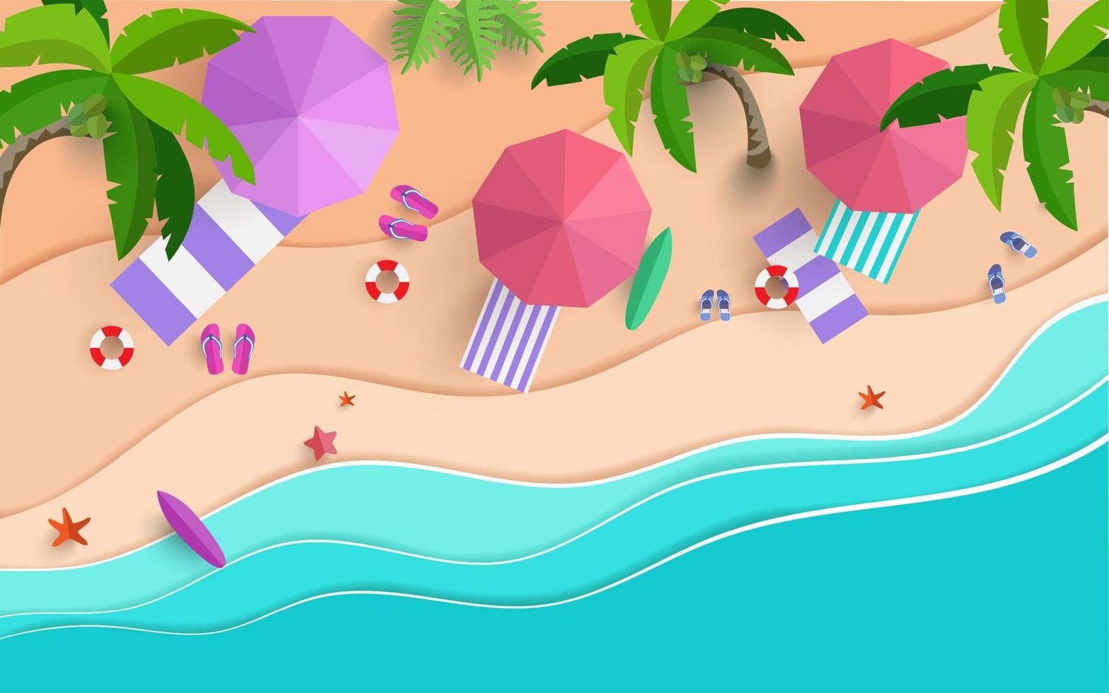 la scena della spiaggia dall'alto nell'illustrazione summer.vector con disegno del taglio della carta. buone vacanze vettore