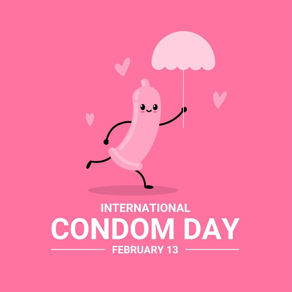 simpatico personaggio del preservativo con ombrello, come striscione o poster, giornata mondiale della contraccezione e giornata internazionale del preservativo. illustrazione vettoriale. vettore