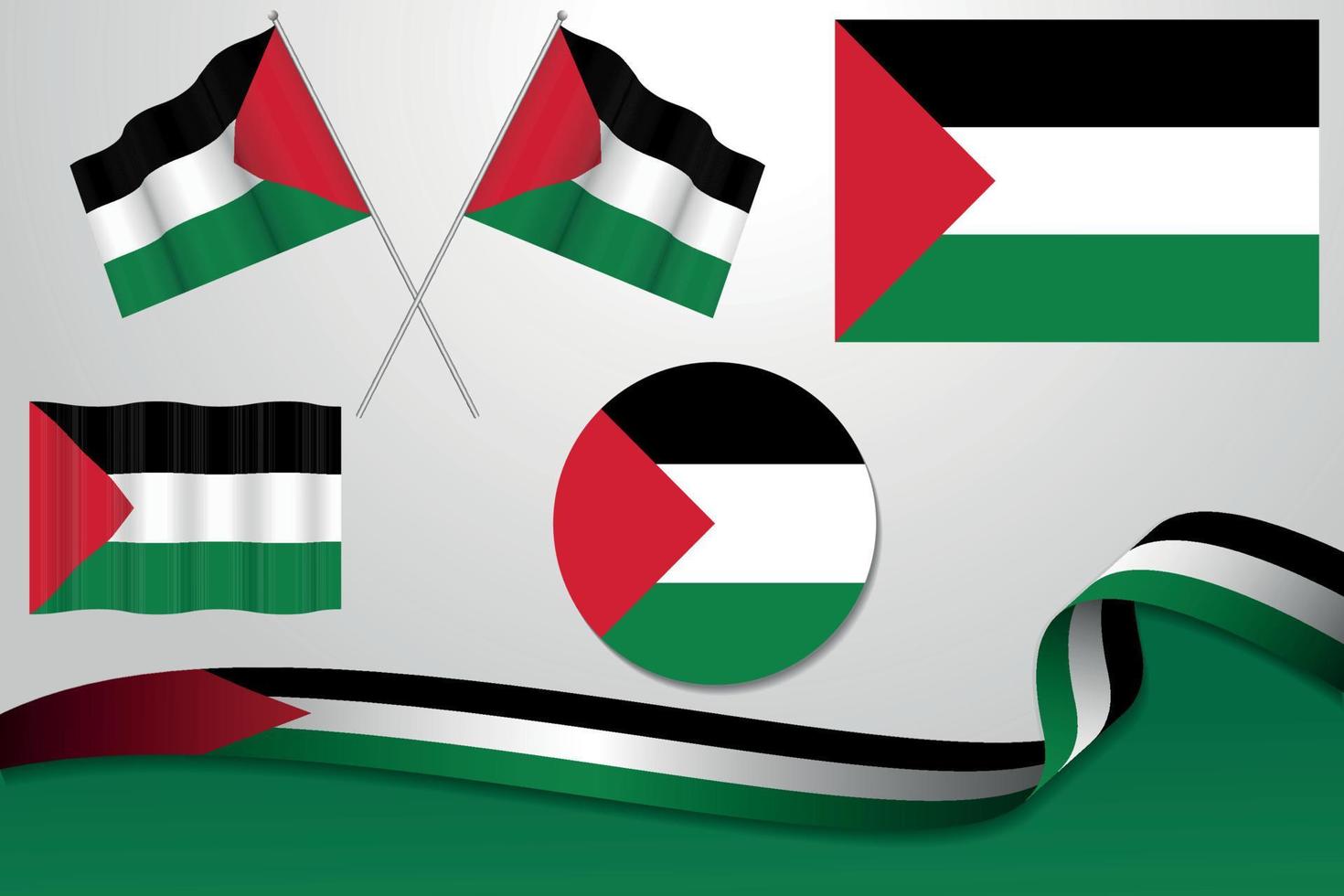 set di bandiere della Palestina in diversi modelli, icona, bandiere sventolanti con nastro con sfondo. vettore libero
