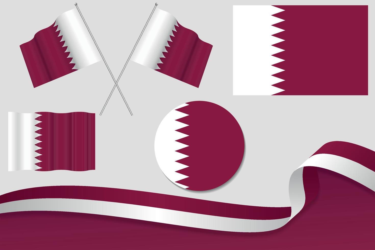 set di bandiere del Qatar in diversi modelli, icona, bandiere sventolanti con nastro con sfondo. vettore libero