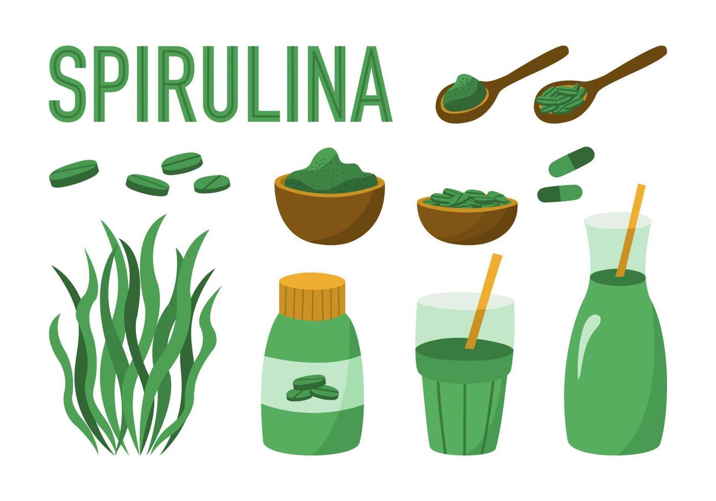 insieme di elementi vettoriali alga spirulina. polvere di spirulina, alga spirulina, pillole, compresse, cocktail.