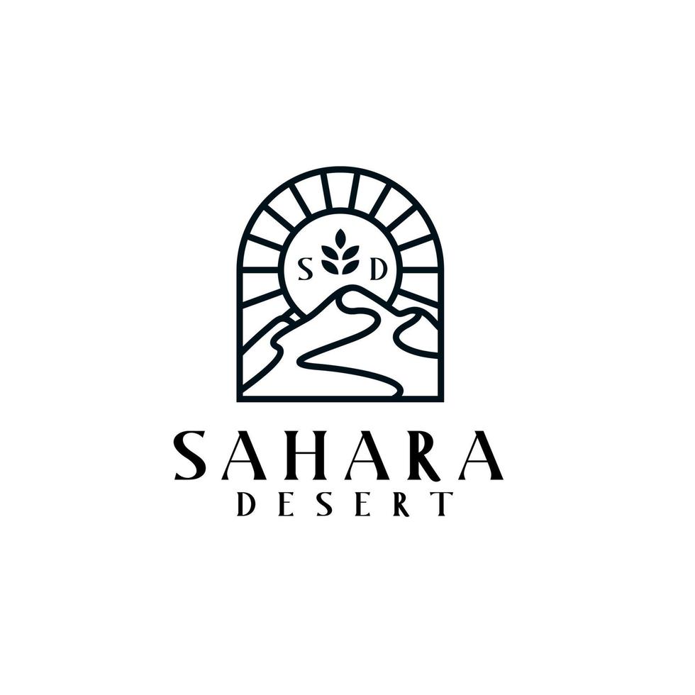 delineare il logo del deserto del Sahara con sole e foglia. logo del deserto del Sahara boemo vettore