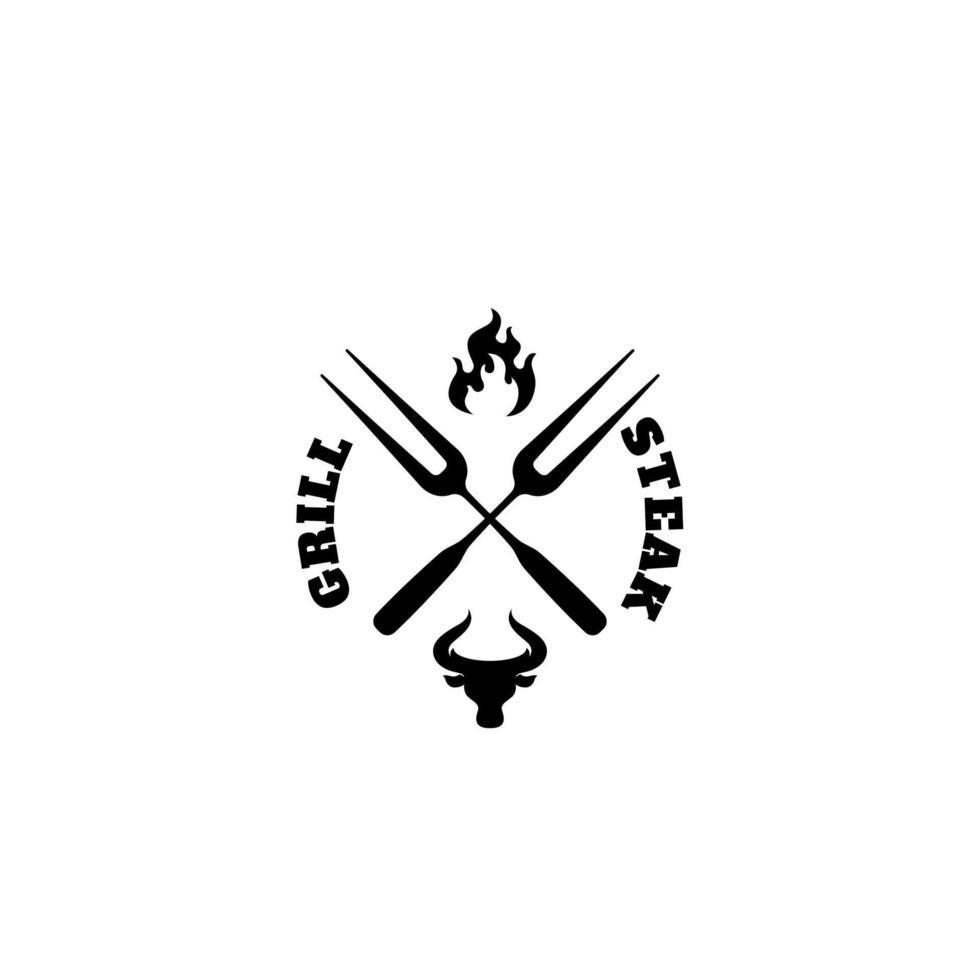 logo della casa della griglia. logo della testa di scazzone. timbro logo bar barbecue con forchetta vettore