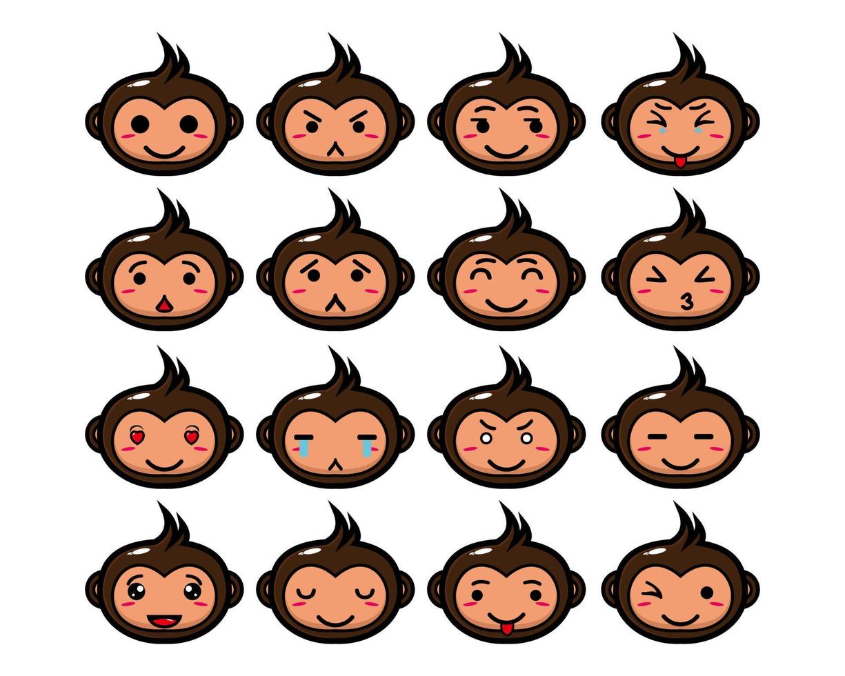 raccolta di set di simpatici personaggi di design mascotte scimmia testa. Isolato su uno sfondo bianco. simpatico personaggio mascotte logo idea bundle concept vettore