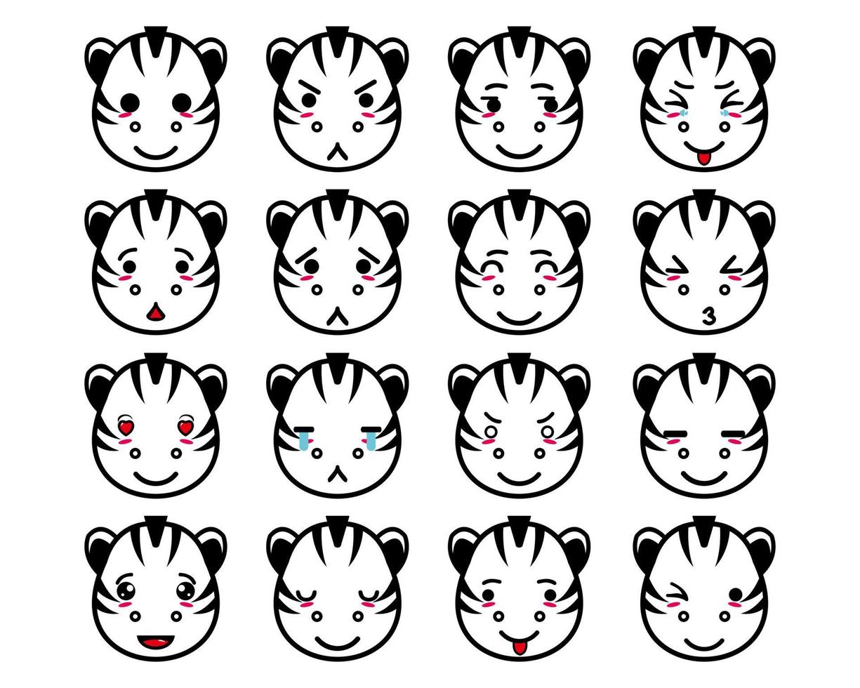 collezione di set di simpatici personaggi di design mascotte zebra testa. Isolato su uno sfondo bianco. simpatico personaggio mascotte logo idea bundle concept vettore