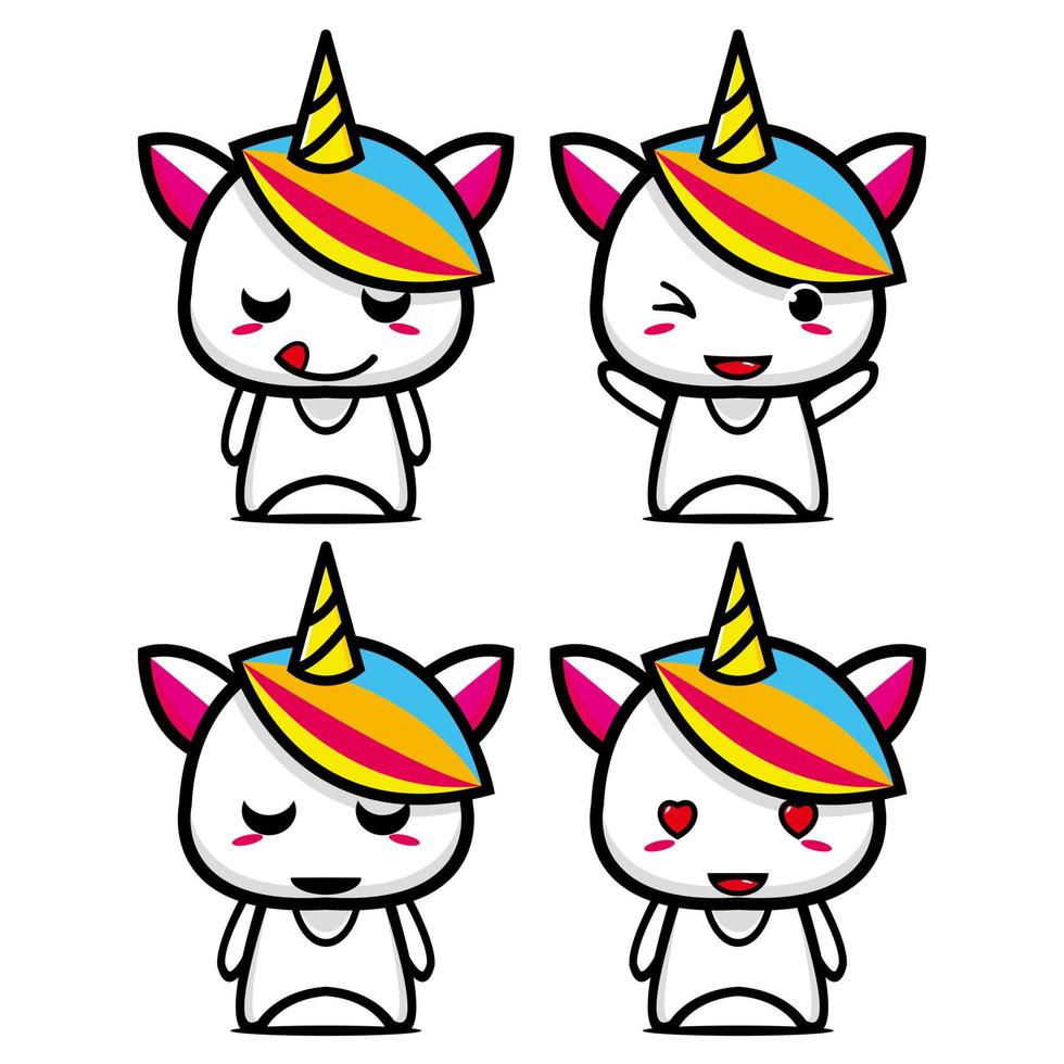 collezione di set di simpatici personaggi di design mascotte unicorno. Isolato su uno sfondo bianco. simpatico personaggio mascotte logo idea bundle concept vettore