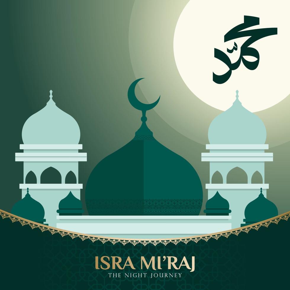 al-isra wal mi'raj viaggio notturno del profeta Maometto. sfondo quadrato post feed. illustrazione della moschea di notte al chiaro di luna vettore