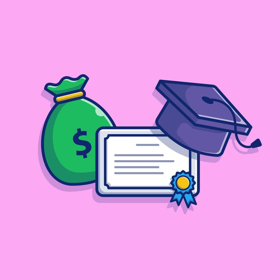 borsa di studio, borsa per soldi, cappello di laurea e certificato icona vettore cartone animato illustrazione. istruzione finanziaria icona concetto isolato premio vettore. stile cartone animato piatto